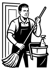 Man cleaning a residential area with a mop and bucket