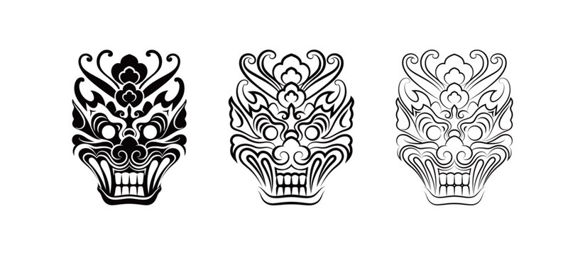 Traditional Korean goblin dokkaebi mask illustration, folklore demon face pattern and cultural heritage art design