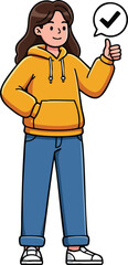 Young woman in yellow hoodie giving thumbs up with check mark approval sign vector illustration