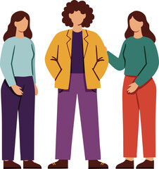 Fototapeta premium Group of three women standing together in casual clothing vector illustration with warm colours and friendly atmosphere 