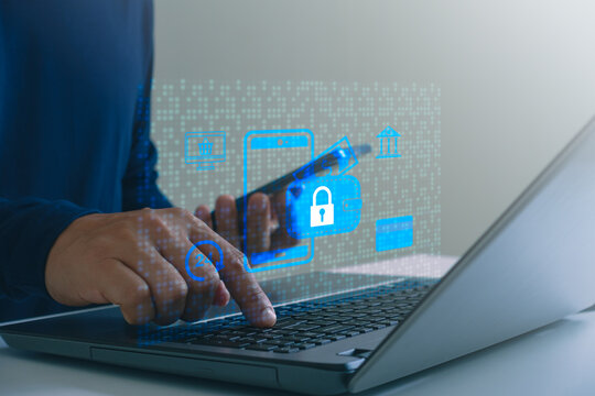 Secure online banking and digital payment concept with smartphone, laptop, cyber security icons. Modern business fintech technology protects financial transactions and sensitive data. Online shopping.