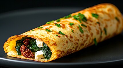 Savory crepe filled with spinach feta and sun dried tomatoes