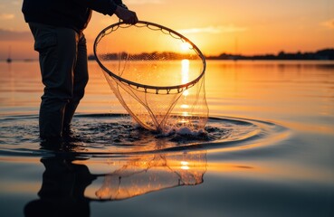 A person standing in water holding a fishing net during sunset with a calm lake scene