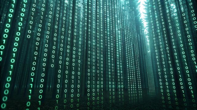 Digital rain falling through forest binary code data stream