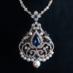 Exquisite Diamond and Sapphire Pendant Necklace Adorned with Lustrous Pearls Showcasing Fine Jewelry Craftsmanship and Elegant Design