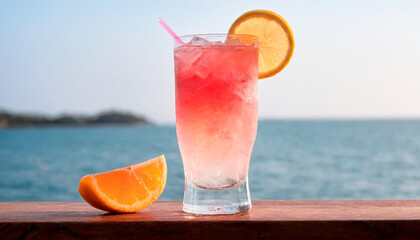 Pink cocktail with orange slice by the sea