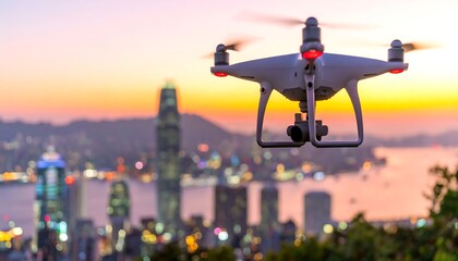 Drone over cityscape at sunset