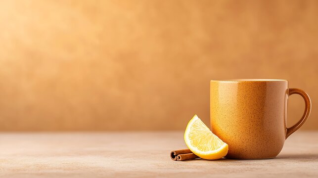 Warm beverage with cinnamon and citrus on a wooden surface