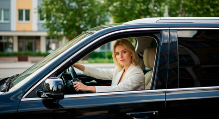Young blonde woman driving a car, with a serious and confident expression