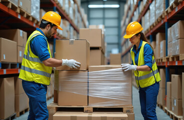 Warehouse workers in safety vests, hard hats package goods on pallet for shipping. Team organizes inventory on shelves, preparing orders for dispatch. Professionals handle boxes, label products,
