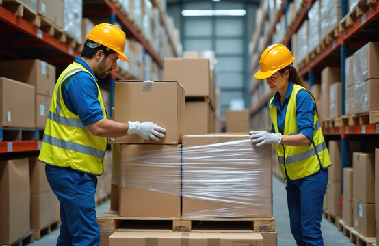 Warehouse workers in safety vests, hard hats package goods on pallet for shipping. Team organizes inventory on shelves, preparing orders for dispatch. Professionals handle boxes, label products,