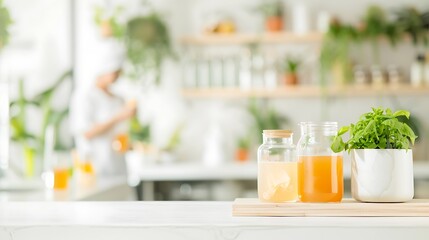 Fresh juices and green plants in a bright kitchen setting