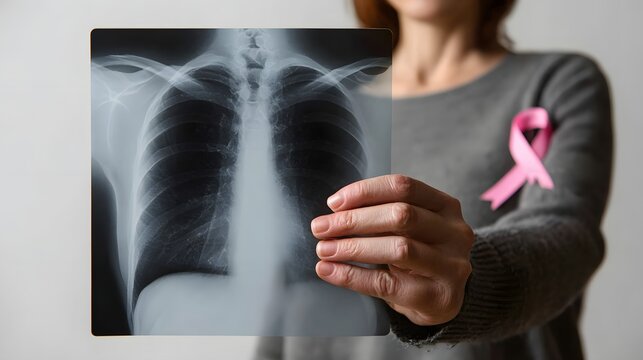 Healthcare professional displaying a chest X-ray with a pink ribbon, symbolizing support for awareness and prevention efforts.