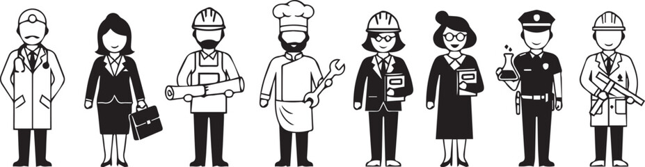 Black and white illustration of diverse professionals in various occupations, standing in a row against a white background, showcasing a simple, flat design style.