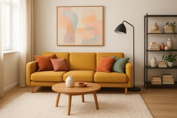 Living room with yellow sofa round table and abstract art on the wall