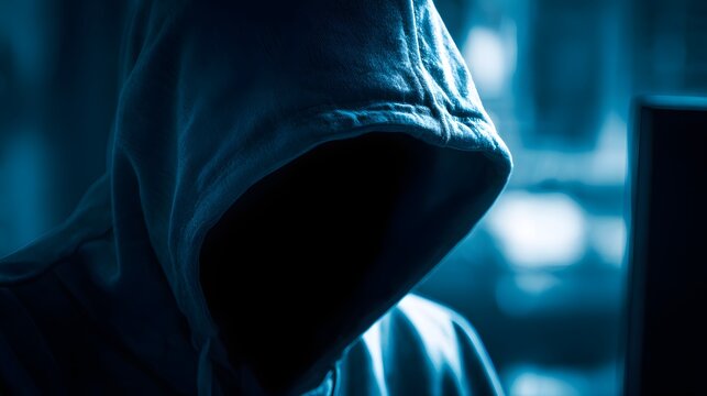 A hooded figure immersed in a blue-lit environment, hinting at anonymity and a digital world. Emphasizes cyber security and anonymity.