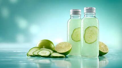 Refreshing cucumber and lime infused water. Hydrating and healthy beverage, perfect for hot days, offering a crisp and invigorating taste.