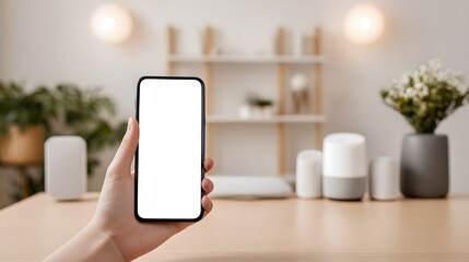 Person holding smartphone with blank screen in front of home office setting for mockup. Hand using device on wood table indoors. 