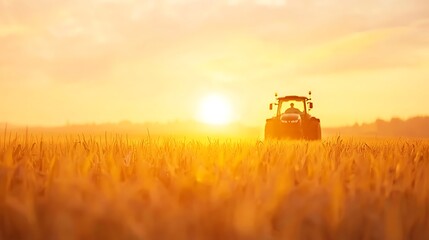 Fototapeta premium Tractor working in a golden wheat field at sunset