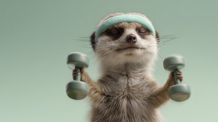 Meerkat Lifting Dumbbells with Headband on Blue Background for Fitness Campaigns and Funny Animal Content
