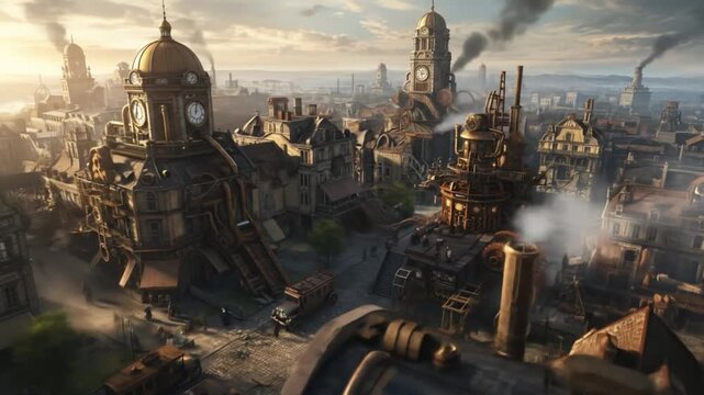 Aerial view of a steampunk city with clock towers and steam rising from buildings and vehicles below