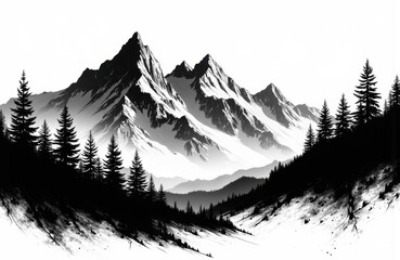 Fototapeta premium Majestic mountain range with pine trees in black and white landscape scene