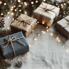 minimal holiday flat lay with wrapped gifts ribbon and evergreen sprigs