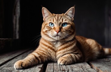 A ginger tabby cat with striking blue eyes lying on wooden floorboards
