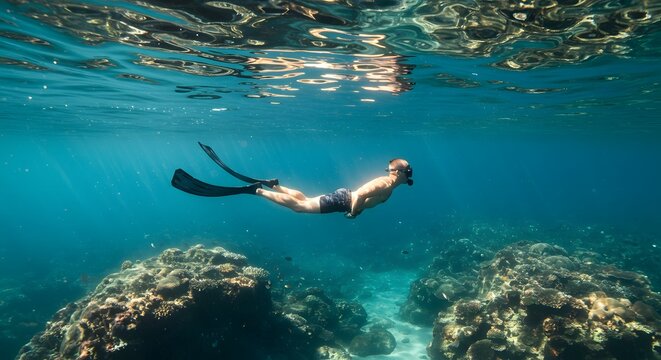 Male Freediver Swimming Over Coral Reefs