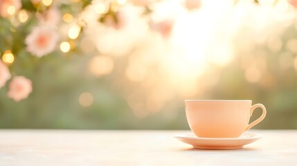 Warm morning coffee cup with soft floral bokeh background
