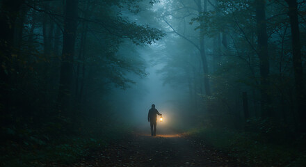 Solitary Figure with Lantern Walking Through Dark, Misty Forest Path