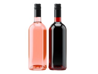 Two Wine Bottles Mockup Rose and Red Wine, Blank Labels, Isolated on Black