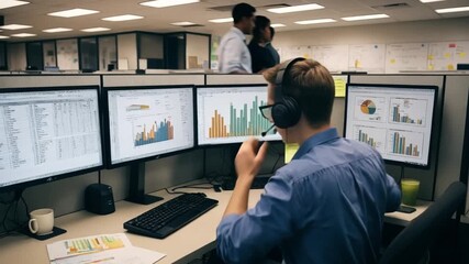 Focused male analyst wearing headset working on computer with multiple data analysis screens in a busy office environment - Powered by Adobe