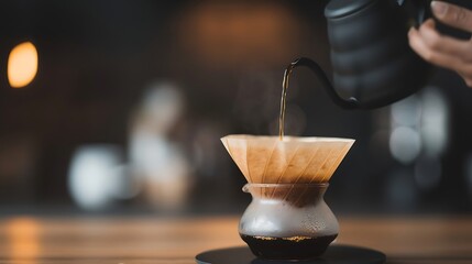 Pour over coffee brewing process with hot water stream