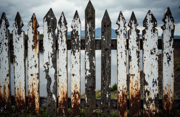 Rusty weathered wooden fence with peeling paint and a cloudy sky background