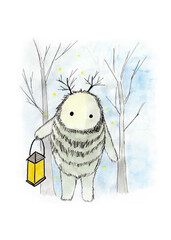 Cute winter forest creature holding yellow lantern