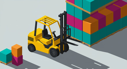 Isometric Illustration of a Forklift in a Warehouse with Cargo Boxes