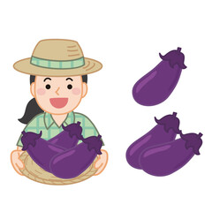 なすを持った麦わら帽子を被った女性