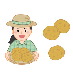 じゃがいもを持った麦わら帽子を被った女性