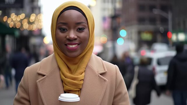 International Hijab Solidarity Day Close up portrait of a smiling young Black woman wearing a yellow hijab and tan coat, holding a coffee cup on a city street.