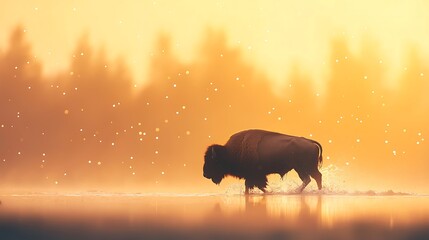Majestic bison walks through misty golden forest at sunrise