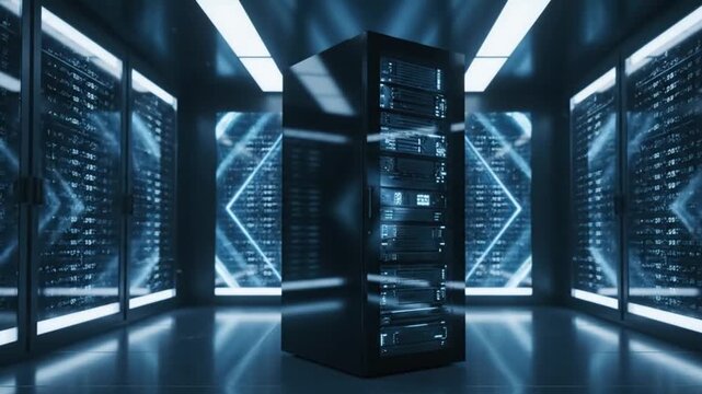 A a.i. supercomputer room with a single, massive, monolithic server at the center, surrounded by geometric light patterns and reflective surfaces.
