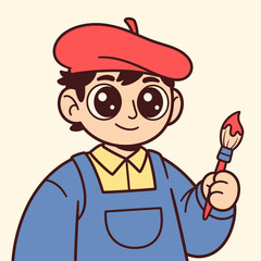 A charming cartoon artist with a red beret and paintbrush, radiating creativity and joy, ready to bring imagination to life with vibrant colors and artistic flair
