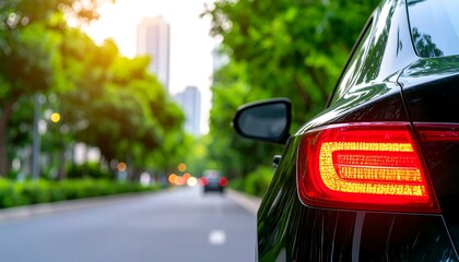 A dark car's taillights on a city street