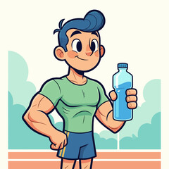 Cartoon man holding water bottle, promoting fitness, exercise, and hydration for a healthy and active lifestyle