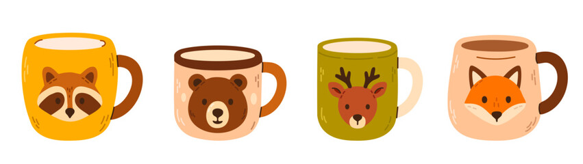 Set of autumn mugs with cute animal faces bear deer fox and raccoon isolated on white background