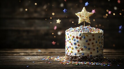 Cake with star topper and confetti on a wooden surface against dark background.