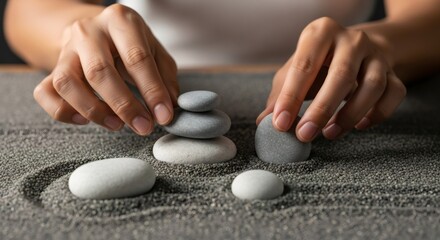Woman arranging zen garden stones for meditation and mindfulness. Calmness and balance concept for well being.