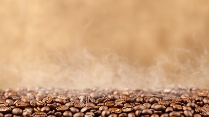 A close up shot of roasted coffee beans with a soft brown background