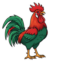 A vibrant cartoon rooster with red crest and green feathers, standing proudly as a symbol of farm life and rural charm isolated on white background